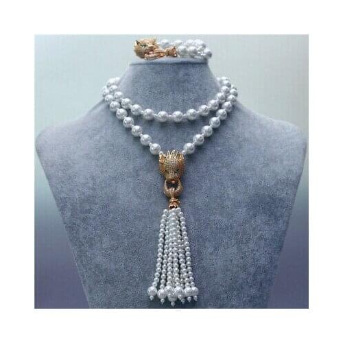 10MM white sea shell Pearl bracelets necklace set 30" Zircon clasp