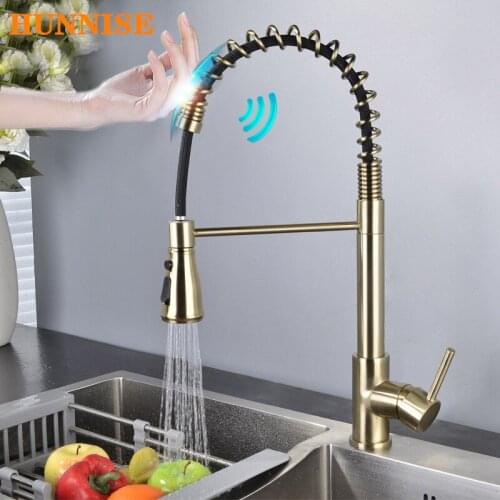 Touch Spring Kitchen Faucet Brushed Gold Pull Out Kitchen Mixer Tap Sensing Sensor Kitchen Sink Tap Smart Touch Kitchen Faucets
