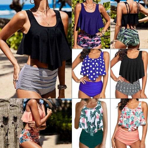 Bikini Swimsuit Female Flag Print Ruffled High Waist Briefs Split Swimsuit Sexy Swimwear Women Swimsuit Women 2 Pieces