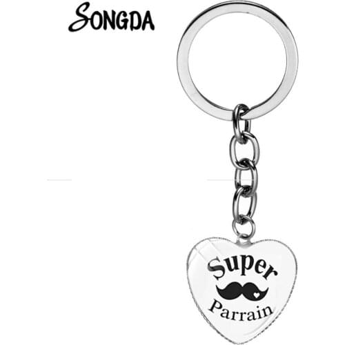 Je Suis Une Super Parrain Fashion Keychain Letter Elements Minimalism Heart Design Glass Handmade Key Ring for Godfather
