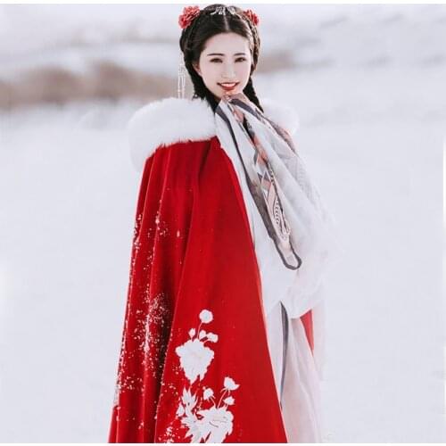 2020 New Chinese Style Hanfu Cloak Women Winter Clothes Plus Velvet Red Thick Warm Cloak Coat