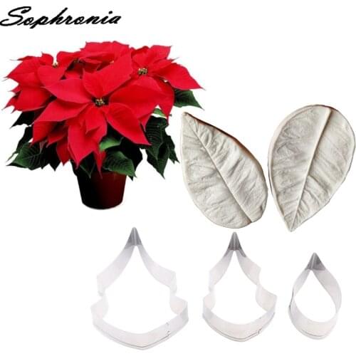 Poinsettia Christmas Flower Petal Veiner &Cutter Silicone Mold Fondant Mould Cake Decorating Tools Chocolate Gumpaste,SugarCS265