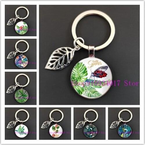 New green tropical leaf round glass pendant keychain tropical green plant leaf glass cabochon male and female keychain gift