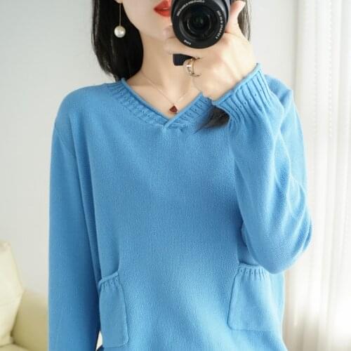 Pure cotton pullover sweater womens all-match solid color spring autumn thin section V-neck loose large sizeouter sweater trend