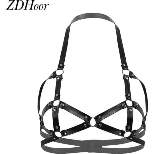 Sexy Punk Gothic Faux Leather Bandage Chest Lingerie Womens Erotic Halter Neck Catsuit Hollow Out Cups Rivets Caged Bra Tops
