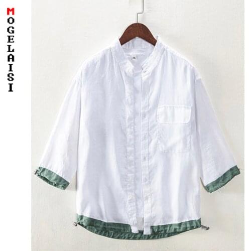 Spring new linen shirt men long sleeve Chinese style white soft three quarter shirt solid man tops clothing Asian size 857