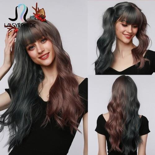 La Sylphide Synthetic Wig Long Deep Wavy Half Brown Pink Half Silver Cyan Blue Wigs with Bangs for Women Cosplay Party Lolita