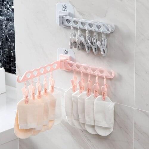Bathroom 10 Clips Foldable Clothes Rack Hanger Laundry Folding Wall Mount Drying Rack Holder for Bra Socks Underware Clothespin