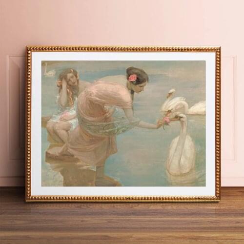 Antique Beautiful Woman Painting Art Prints Ladies and Swans Vintage Poster Canvas Picture Living Room Home Wall Art Decoration