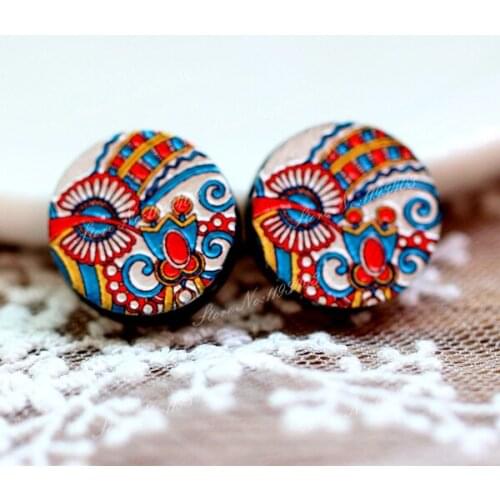 Unique 3D Flower Embossed 16mm Round Coloured Drawing pattern Laser Cut wood Cabochon DIY for Rings, Earring,Brooch,Necklace