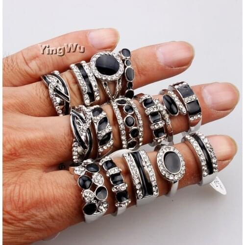 Yingwu Wholesale 30pcs Vintage Antique Silver Rings Set Geometric Ring Sets Black Rhinestone Knuckle Anillos Ring