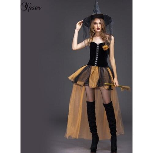 Ypser Women Halloween Witch Costume Mesh Party Dress Masquerade with Hat