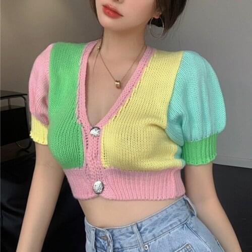 JMPRS Multicolor Women Knitted Crop Tops Summer Sexy Puff Sleeve Patchwork Short T Shirt Slim V Neck Harajuku Ladies Tops 2021
