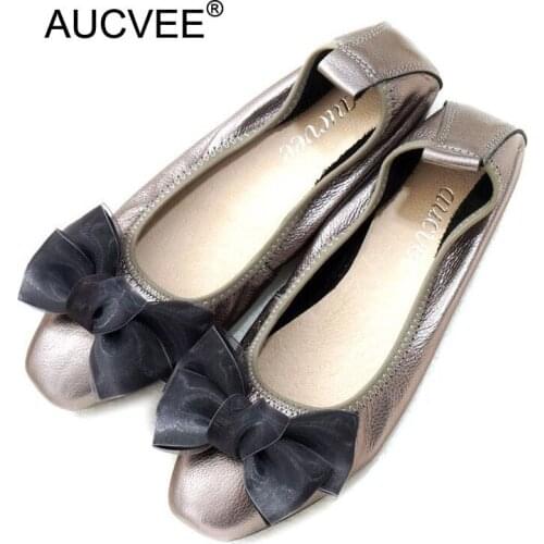 Women Ballet Flats Plus Size 34-43 Cow Leather Loafers Woman Shoes 2018 Spring Sweet Bow Slip On Black Ballerina Shoes For Women