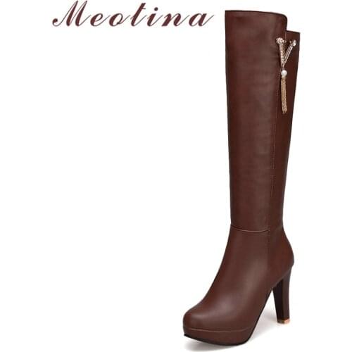 Meotina Winter Knee High Boots Women Crystal Platform Block Heels Long Boots Zipper Extreme High Heel Shoes Lady Autumn Size 43
