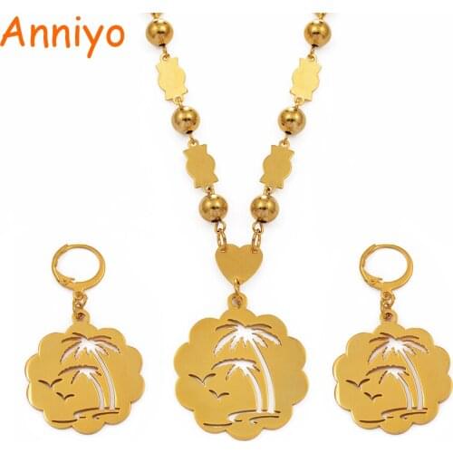 Anniyo Coconut Tree Large Size Pendant Ball Beads Necklace Earrings sets for Women Gold Color Jewelry Stainless Steel #075621