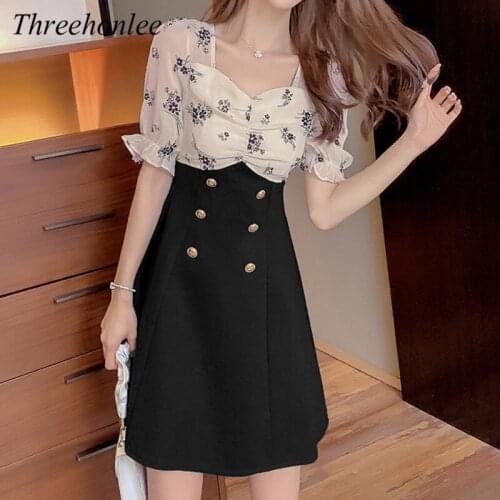 Korean Fashion Women Dress 2021 Summer Patchwork Print High Waist V-Neck Elegant Silm Female Dresses Vestidos