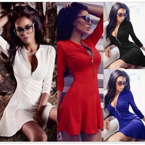 Sexy zip v neck mini dress women Skinny black solid color dress 2021 autumn dress bodycon party vestido