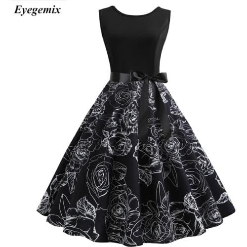 Summer Dress Women Vintage Bodycon Slim Sleeveless Dress O Neck Evening Print Bow Party Black Flower Dress For Female