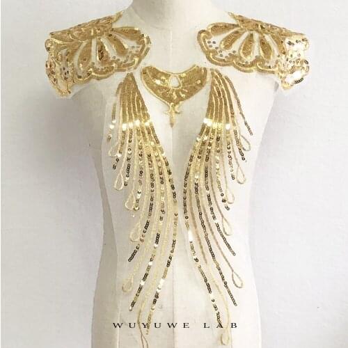 1piece Gold Sequin Lace Fabric Exquisite Mesh Embroidery Accessories Clothing Patch Diy Decoration For Stage Costume Dress