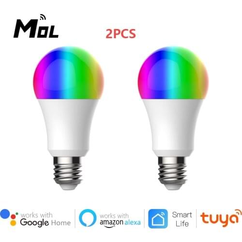 2pcs E27 Wifi Smart LED Light Bulb 9W Dimmable RGB Lamp Tuya App Smart Remote Control Compatible with Google Alexa Voice Control