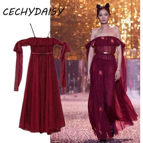 2021 Ruwany Fashion Autumn Spring High Street Red Leopard Printed Dress Women Sexy Off-Shoulder Chifon Party Dinner Maxi Dresses