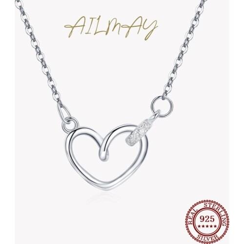 Ailmay Top Quality 925 Sterling Silver Korean Simple Charm Heart Clear CZ Necklace For Women Wedding Engagement Jewelry Gift