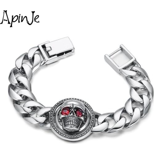 Apinje 925 Sterling Silver Skull Bracelet Men Skull Rotatable Domineering Bracelet Punk Men And Women Jewelry
