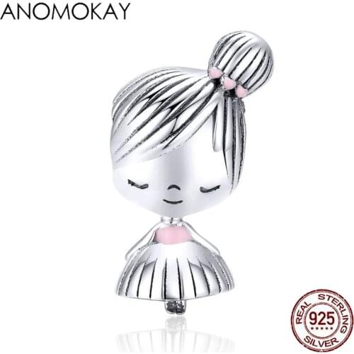 Anomokay Trendy Pink Enamel Boy & Girl Silver Couple Charm fit Bracelet Bangle Real 925 Sterling Silver Cartoon Boy Girl Beads