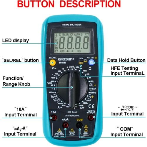 All-sun EM5886 series Digital Multimeter Auto Range 3999 counts AC/DC Voltage ohm Tester Current Ohm NCV REL With Backlight