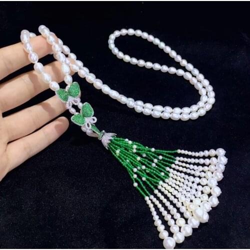 Long necklace natural fresh water pearl tassels sweater chain butterfly 925 sterling silver with cubic zircon fine jewelry