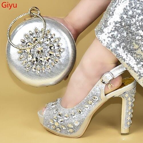 Doershow 2019 new style African Wedding Shoes and Bag Set silver Italian Shoes with Matching Bags Nigerian Women party!HXD1-6