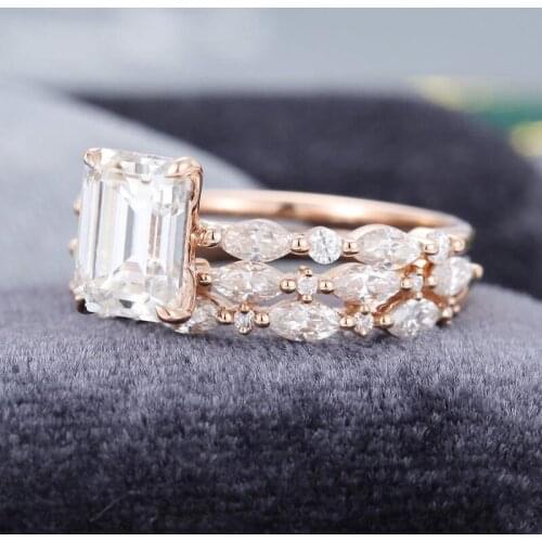 EDI 2ct Emerald Cut Moissanites Engagement Ring 14k Rose Gold Half Eternity Double Marquise Stacking Matching Bridal Wedding Set