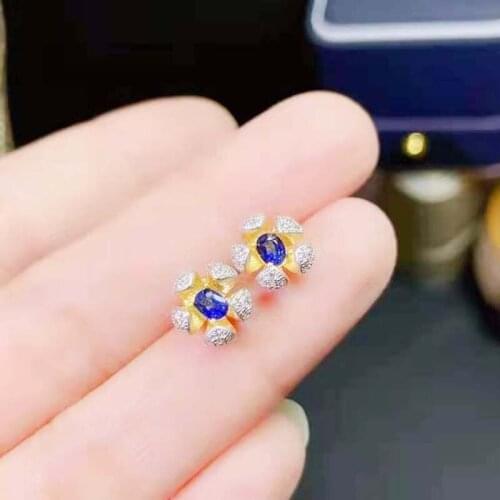 Fine Natural Sapphire Real S925 Pure Silver Flower Ear Studs Earrings Charming Superflash Weddings Jewelry For Women MeiBaPJFS
