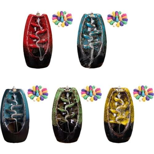 Ceramic Waterfall Backflow Incense Holder, Incense Cones Burners with 50 Backflow Incense Cones , Censer Refluent Home Decor