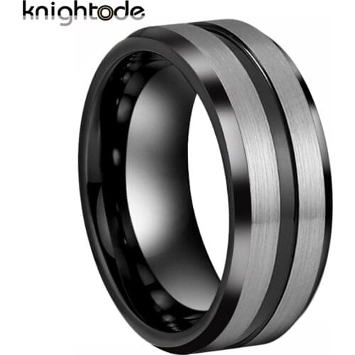 Black Plated Tungsten Carbide Ring 8mm Wedding Band Grooved Center Brushed surface Beveled Design Comfort Fit