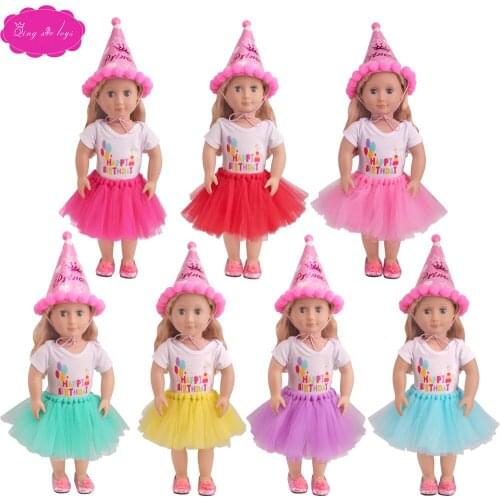 18 inch Girls doll clothes birthday suit + tulle skirt with hat American newborn dress Baby toys fit 43 cm baby dolls c759