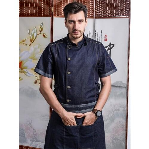 Hight Quality Man Denim Cotton Chef Uniform Kitchen Restaurant Bakery Work Clothes Jacket with Apron Food Service Cook Coat