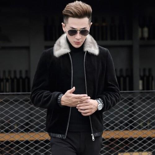 New Sheep sheared genuine leather mens leather coat Men mink coat lapel fur Jacket White Mink collar