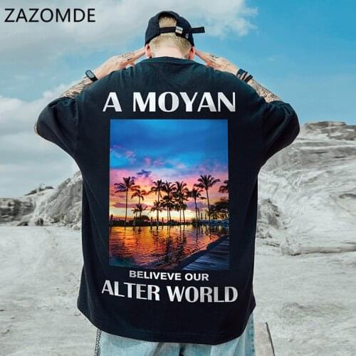 ZAZOMDE Summer New Product Sunset Printing Top half-sleeved Loose Casual Five-point Sleeve Tide Ins Couple High street T-shirt