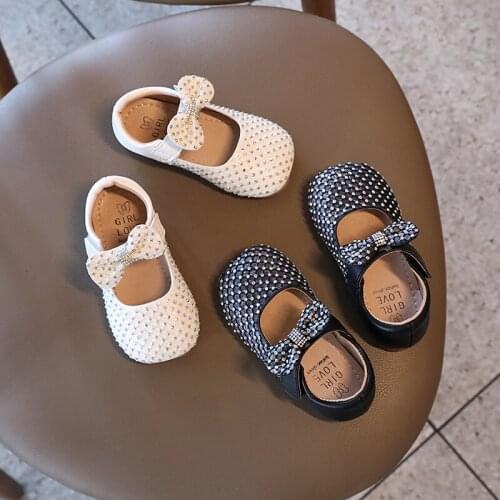 2021 Autumn Girls New Fashion Retro All-match Leather Shoes Kids Blingbling Rhinestone Bow Flat Shoes Teenage Casual Shoes 1-12y