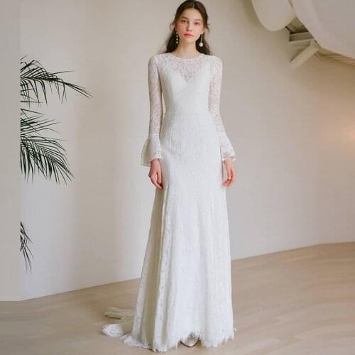 Wholesale Charming Ivory Lace Long Sleeve Bridal Wedding Dresses Jewel Neckline 2021 Wedding Gowns for Bride Sweep Train On Sale