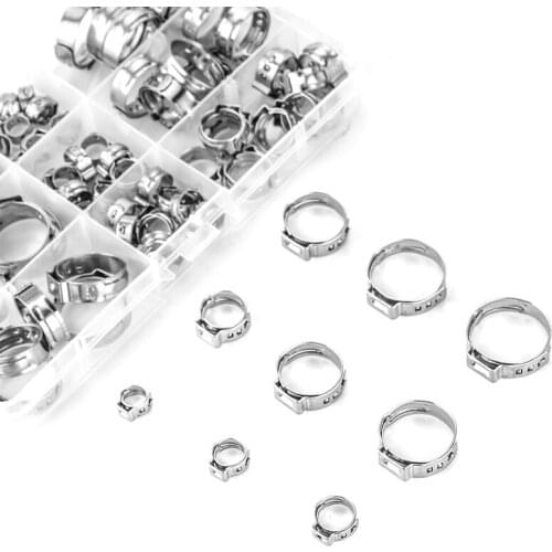 Stainless Steel Single Ear Hose Clamp, 80Pcs 6-23.6mm Crimp Hose Clamp Assortment Kit Ear Stepless Cinch Rings Crimp Pinch Fitti