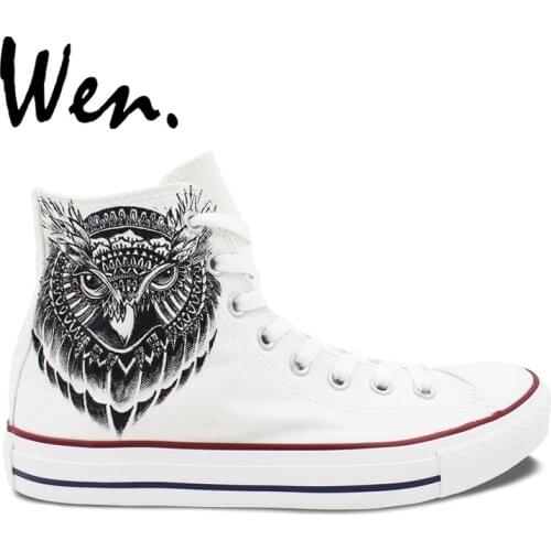 Wen Original White Hand Painted Shoes Design Custom Owl Head Men Womens High Top Canvas Sneakers for Gifts