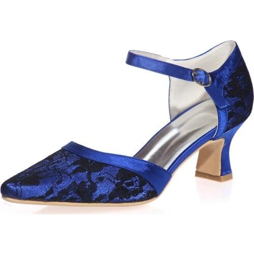 Mid Heels Lace Wedding Shoes Women Pointed Toe Heeled Ankle Buckle Strap Evening Prom Bridal Party Ladies Dress Pumps