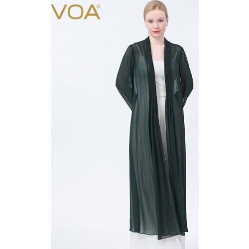 VOA Silk Georgette Dark Green Fold Open Line Decoration Long Sleeve Sunscreen Light and Elegant Summer Windbreaker Female FE135