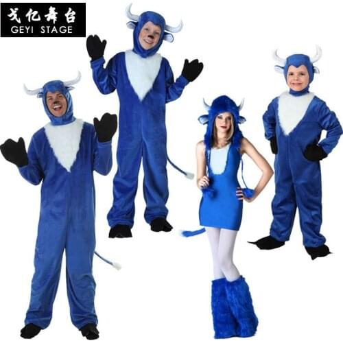 Adult Cow Cosplay Costumes New Arrival Funny Cow Jumpsuit for Carnival Party Using Blue buffalo Pajamas Kids Fancy Dress