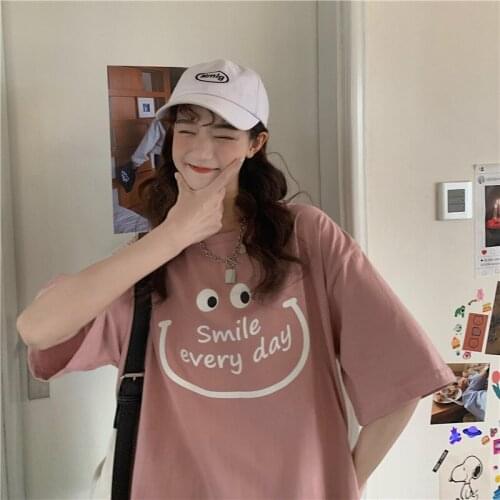 Japanese Kawaii Cartoon Smiley Anime T-Shirt Womens Sweet Kpop Harajuku Shirt Urban Gothic Top Fairy Grunge Aesthetic t-Shirts