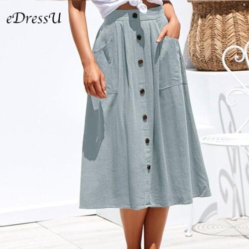 Summer Autumn Midi Skirt Cotton Casual Light Blue Mid-Calf Skirt with Pockets Buttons Elastic Waist Holiday eDressU SJ-CF1858