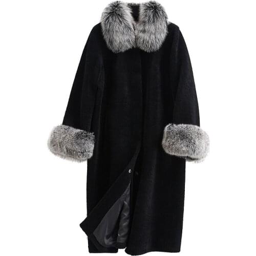 Fox Fur Collar Real Fur Coat 100% Wool Jacket Streetwear Autumn Winter Coat Women Clothes 2020 Korean Sheep Shearling Women Tops